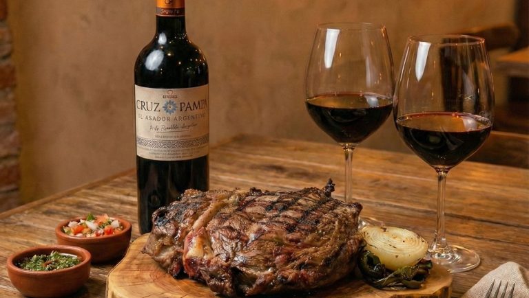 Carne a la brasa y vino